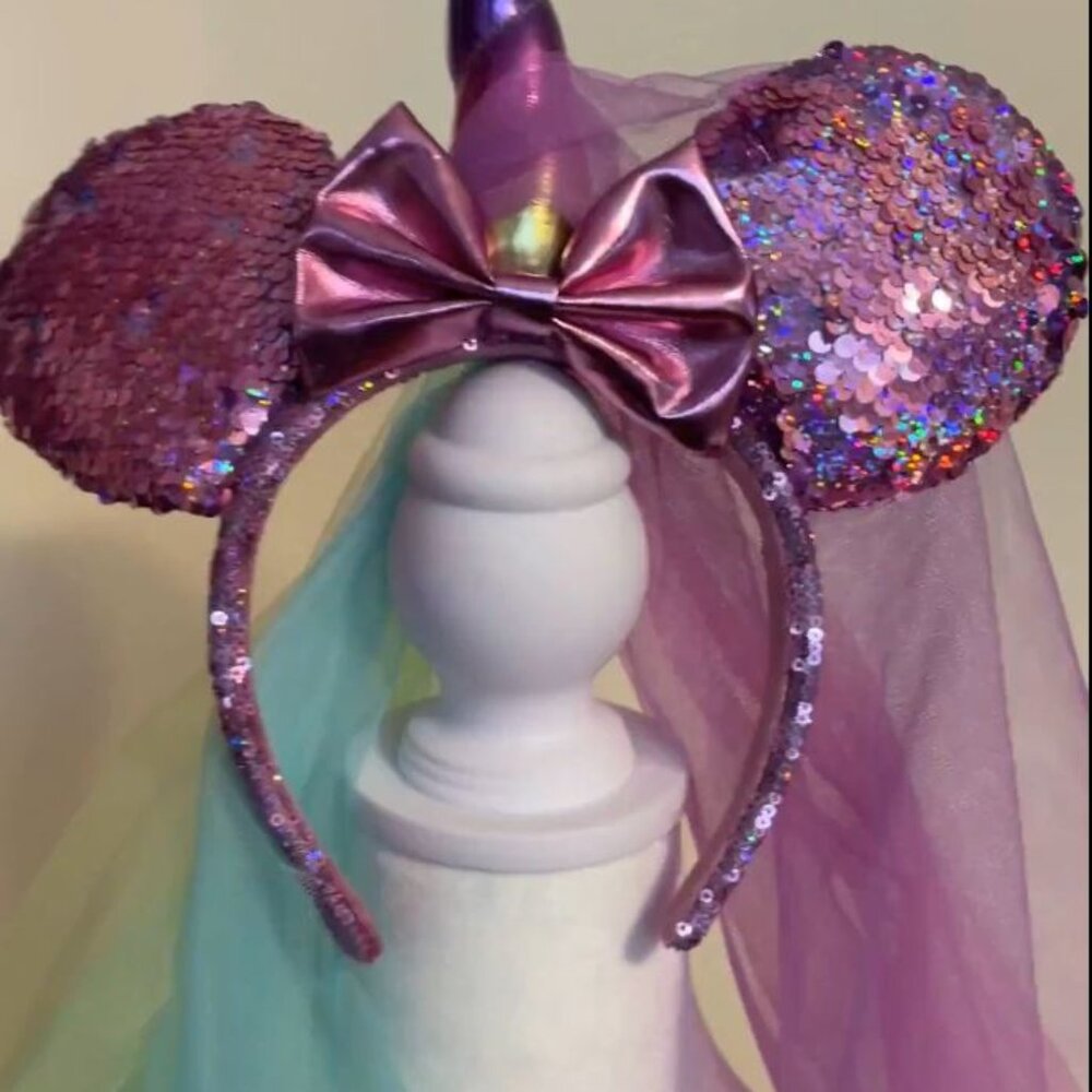 DISNEY Minnie Mouse Pink Rainbow Unicorn Sequin Vail Princess Ears Headband + 1